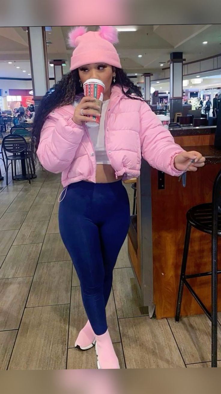 Cozy Pink Puffer with Blue Leggings